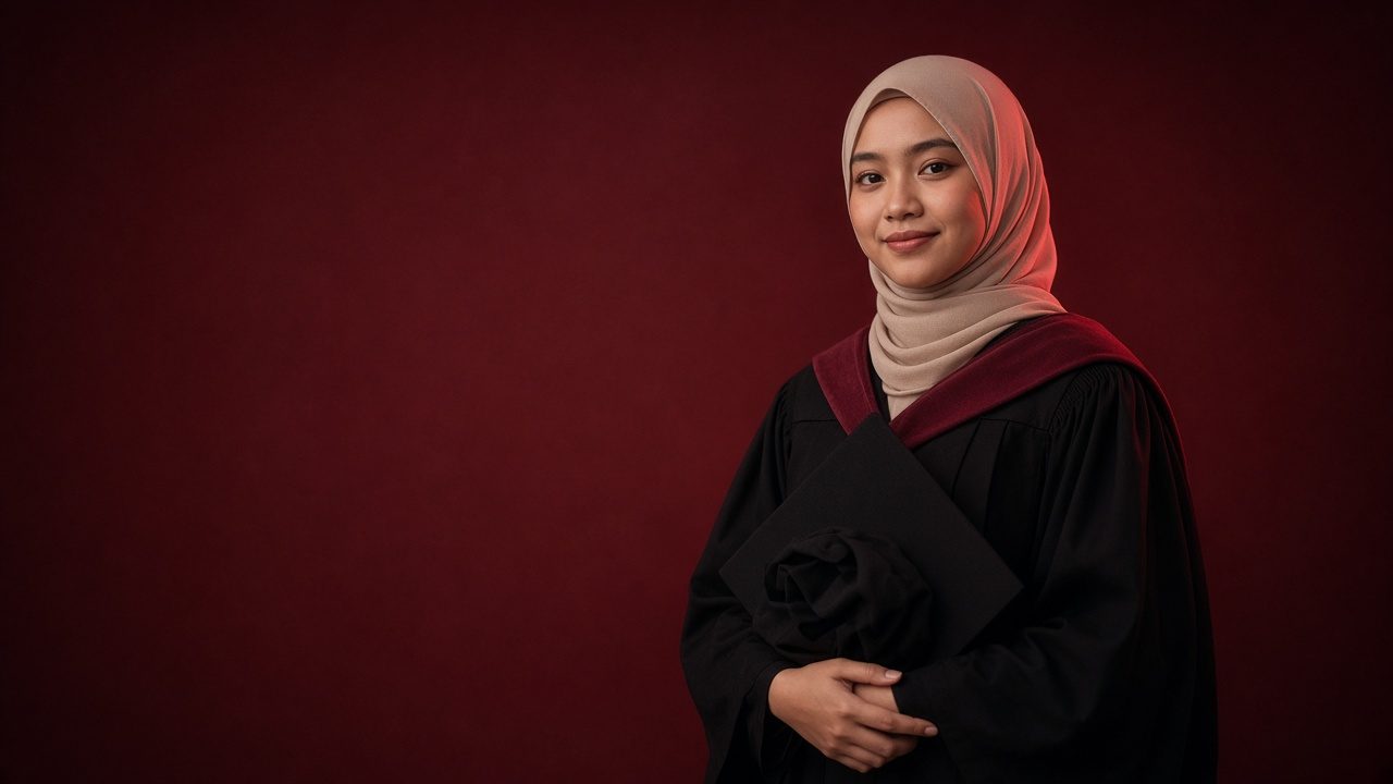 Graduan berhijab dan berjubah di studio