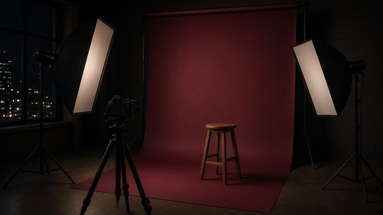 Set studio dengan latar merah marun dan lampu